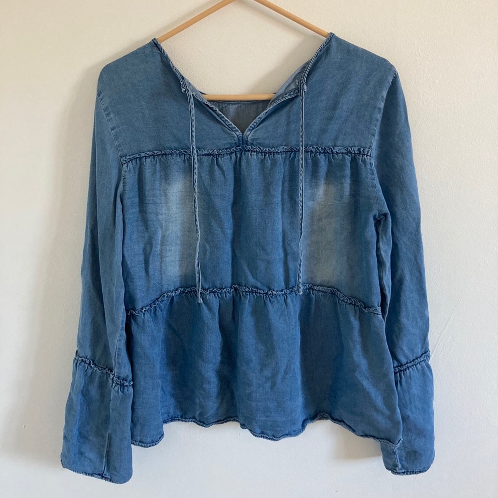 francesca’s light denim top with bell sleeves